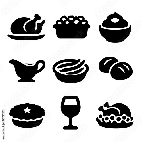 Thanksgiving Meal Icons. Solid, filled icons set of Thanksgiving meal elements: roast turkey, stuffing dish,
