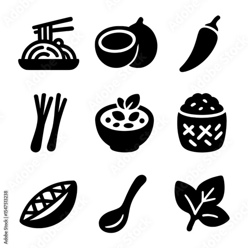 Thai Cuisine Icons. Solid, filled icons set of Thai cuisine: pad thai, coconut milk, chili pepper, lemongrass