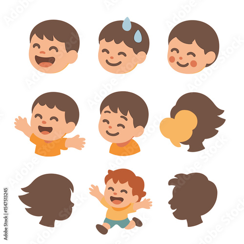 Joyful Child Expressions. Isometric Flat icon set of joyful child expressions: laughing child face, smiling face with raindrops,