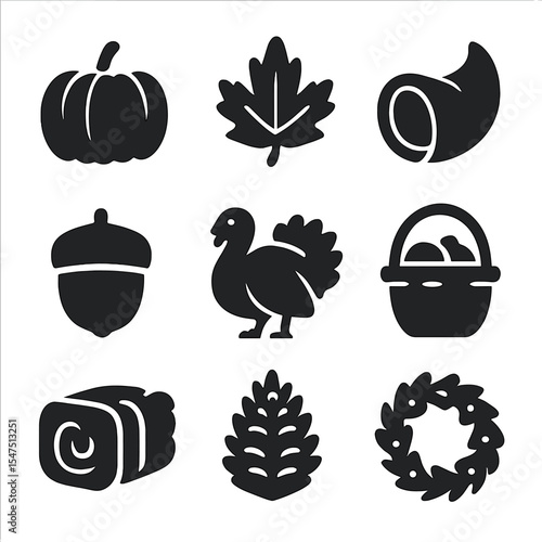 Thanksgiving Icons Grid. Solid, filled icons set of Thanksgiving decorations and fall foliage: pumpkin, autumn