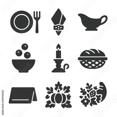Thanksgiving Table Icons. Solid, filled icons set of Thanksgiving table setting: dinner plate, cutlery set,