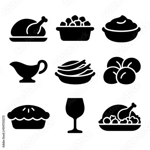 Thanksgiving Meal Icons. Solid, filled icons set of Thanksgiving meal elements: roast turkey, stuffing dish,