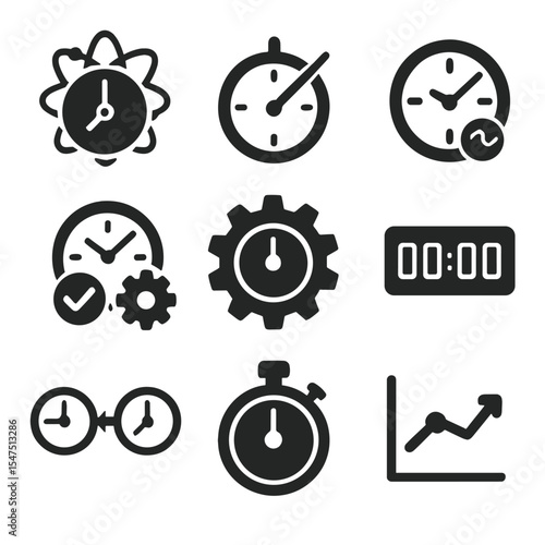 Timekeeping Icons Grid. Solid, filled icons set of timekeeping accuracy: atomic clock, second hand, quartz