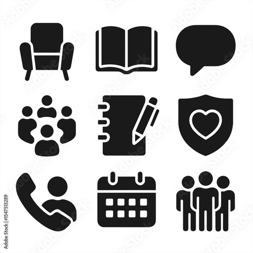 Therapy Tools Icons. Solid, filled icons set of therapy and support tools: counselor chair, open book, speech