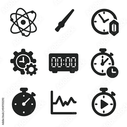 Timekeeping Icons Grid. Solid, filled icons set of timekeeping accuracy: atomic clock, second hand, quartz