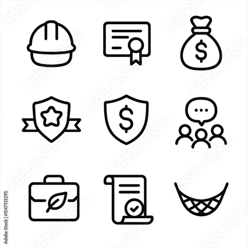 Just Transition Icons. Outline icon set of just transition support: worker hard hat, retraining certificate, social fund bag,