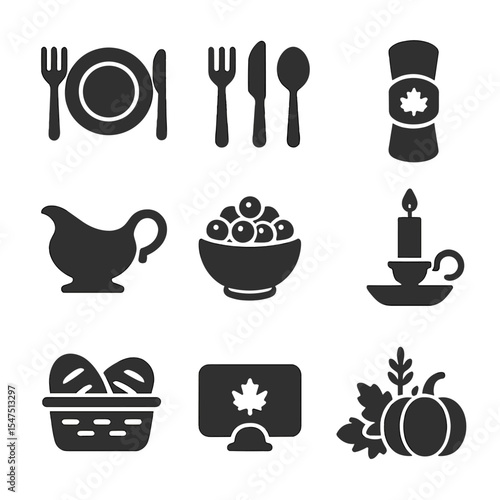 Thanksgiving Table Icons. Solid, filled icons set of Thanksgiving table setting: dinner plate, cutlery set,