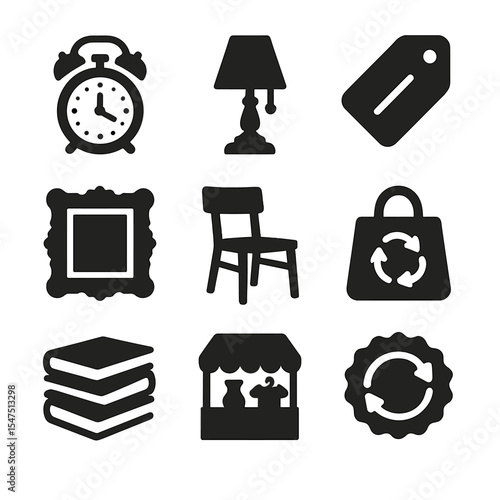 Thrift Icons Grid. Solid, filled icons set of secondhand and thrifted items: vintage clock, pre-owned lamp,