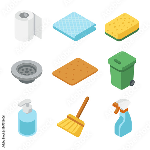 Kitchen Cleanup Icons. Isometric Flat icon set of Kitchen Spill Response: paper towels, dishcloth, sponge, sink drain, floor mat,