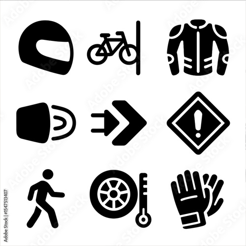 Two-Wheeler Safety Icons. Solid, filled icons set of two-wheeler safety: helmet icon, bike lane, motorcycle