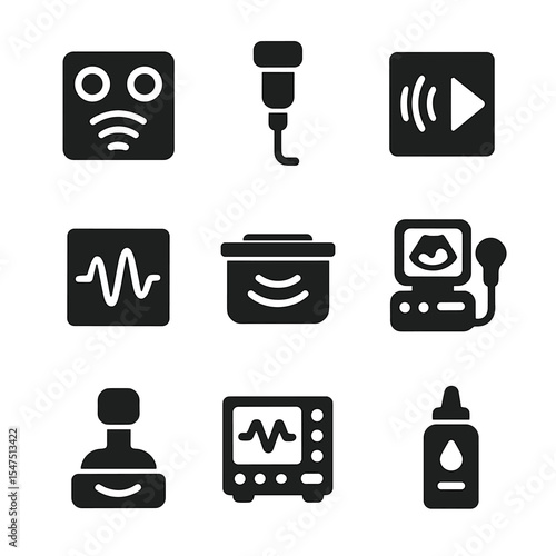 Ultrasonic Application Icons. Solid, filled icons set of ultrasonic applications: ultrasonic sensor, wave