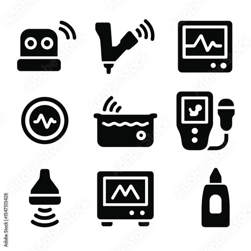 Ultrasonic Application Icons. Solid, filled icons set of ultrasonic applications: ultrasonic sensor, wave