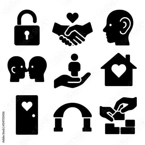 Trust and Vulnerability Icons. Solid, filled icons set of trust and vulnerability: open lock, shared secret,