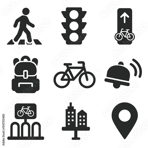 Urban Bike Icon Set. Solid, filled icons set of urban bike commuting: crosswalk, traffic light, cycle lane,