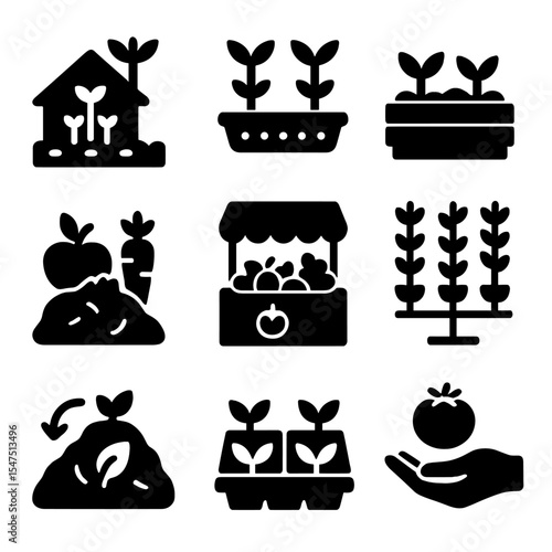 Urban Farming Icons. Solid, filled icons set of urban farming and food sustainability: rooftop farm,