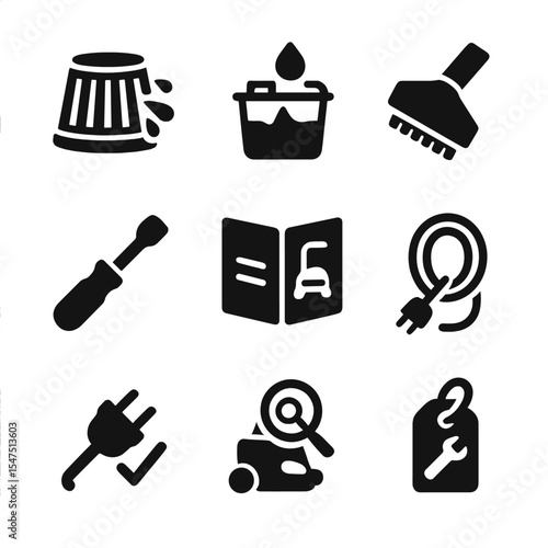 Vacuum Maintenance Tools Icons. Solid, filled icons set of vacuum maintenance tools: filter cleaner, tank