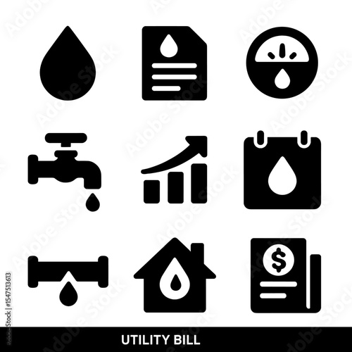 Utility Bill Icons. Solid, filled icons set of utility bills with water usage: water drop, bill document,