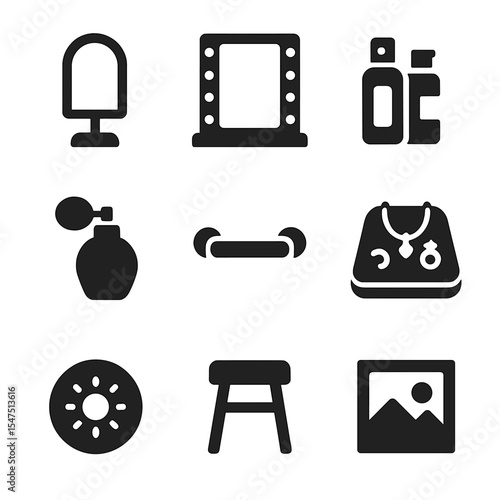 Vanity Table Icons. Solid, filled icons set of vanity table setup: tabletop mirror, mirror with bulbs,
