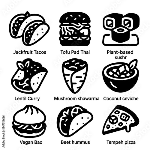 Vegan Fusion Icons. Solid, filled icons set of vegan fusion dishes: jackfruit tacos, tofu pad Thai burger,