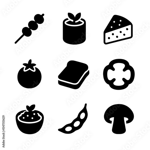 Vegetarian Appetizer Icons. Solid, filled icons set of vegetarian appetizer plate: veggie skewer, cucumber cup