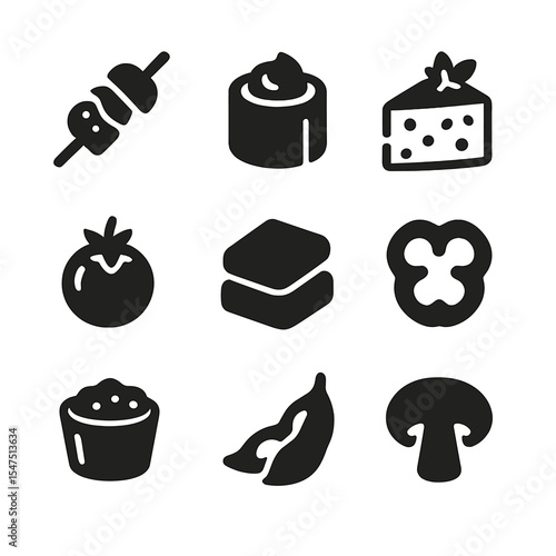Vegetarian Appetizer Icons. Solid, filled icons set of vegetarian appetizer plate: veggie skewer, cucumber cup