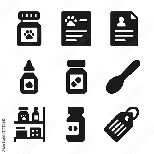 Veterinary Pharmacy Icons. Solid, filled icons set of veterinary pharmacy and prescriptions: pill bottle,