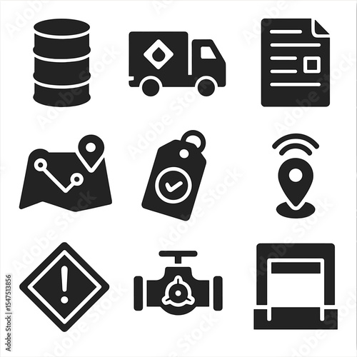 Waste Transport Icons. Solid, filled icons set of waste transportation safety: sealed drum, hazard truck,