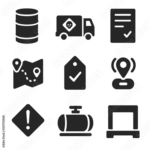 Waste Transport Icons. Solid, filled icons set of waste transportation safety: sealed drum, hazard truck,