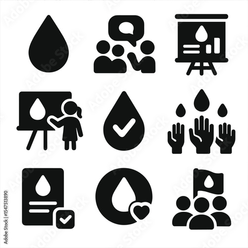 Water Awareness Icons. Solid, filled icons set of educational water awareness campaigns: awareness drop,