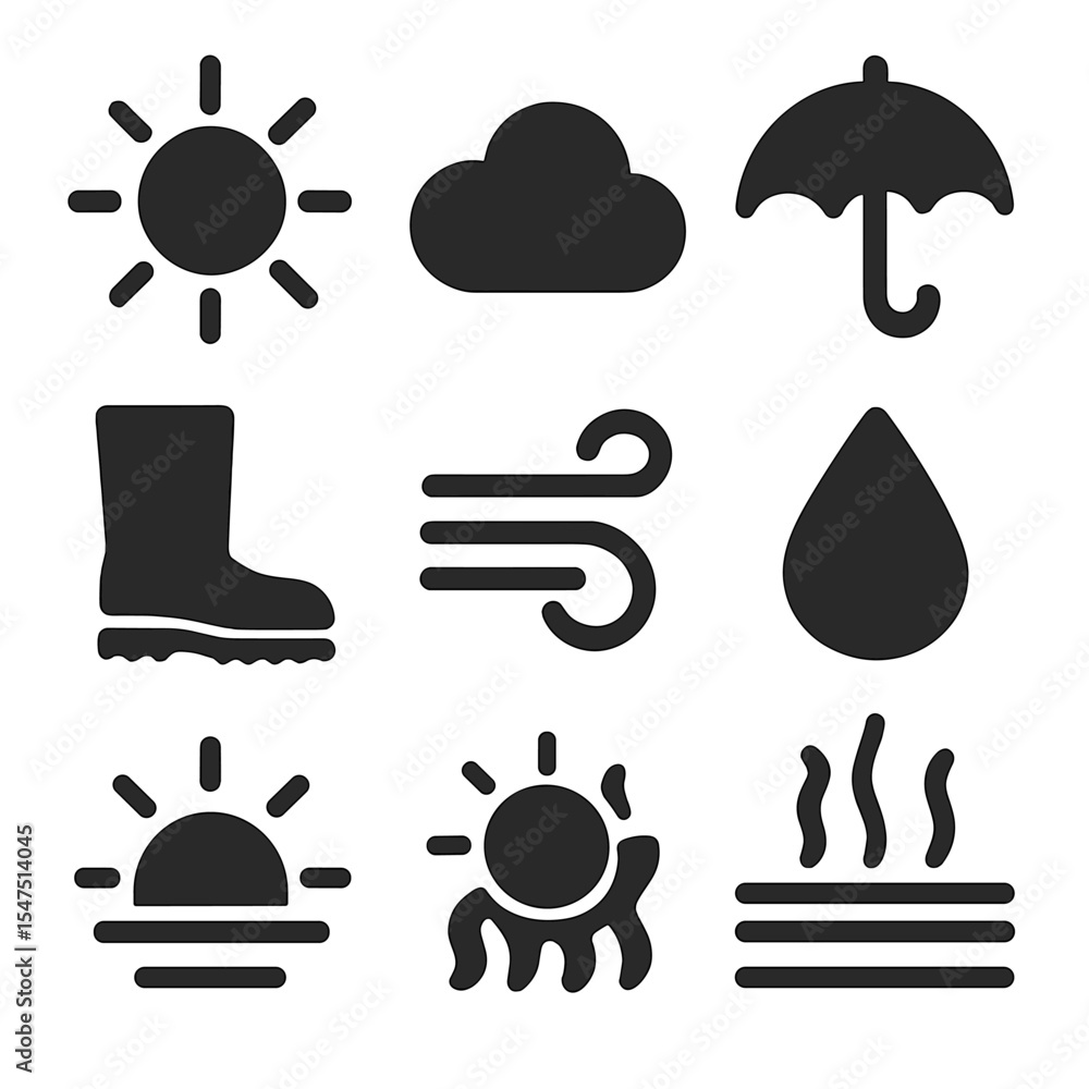 Weather Festival Icons. Solid, filled icons set of festival weather scenarios: sun icon, cloud, umbrella, mud Weather Festival Icons. Solid, filled icons set of festival weather scenarios: sun icon, cloud, umbrella, mud