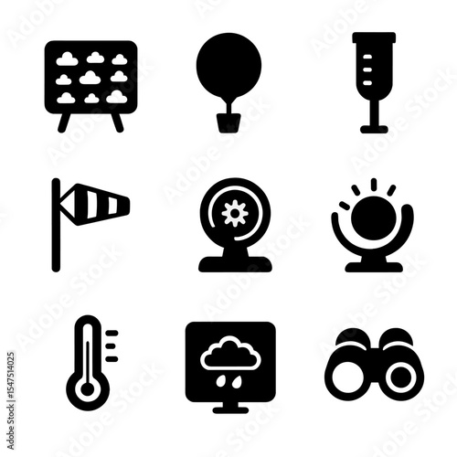 Weather Study Icons. Solid, filled icons set of weather study activities: cloud chart, weather balloon, rain