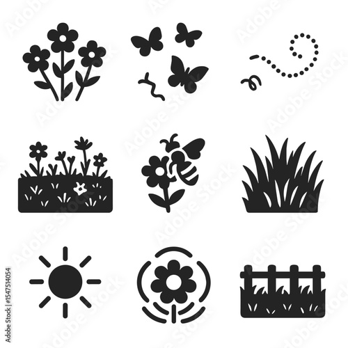 Wildflower Icons Set. Solid, filled icons set of wildflower and meadow pollination: wildflower cluster,