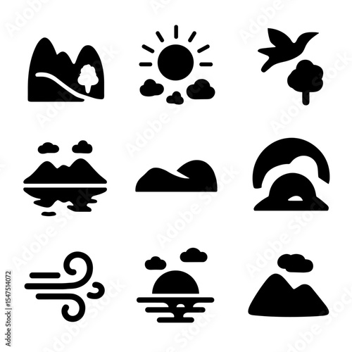 Wilderness Serenity Icons. Solid, filled icons set of wilderness serenity scenes: tranquil valley, glowing sky