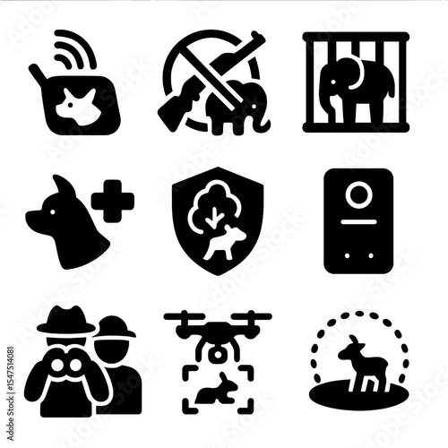 Wildlife Protection Icons. Solid, filled icons set of wildlife protection efforts: animal tracker,