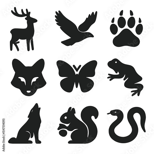 Wildlife Icons Grid. Solid, filled icons set of wildlife: deer icon, eagle flight, bear paw, fox face,
