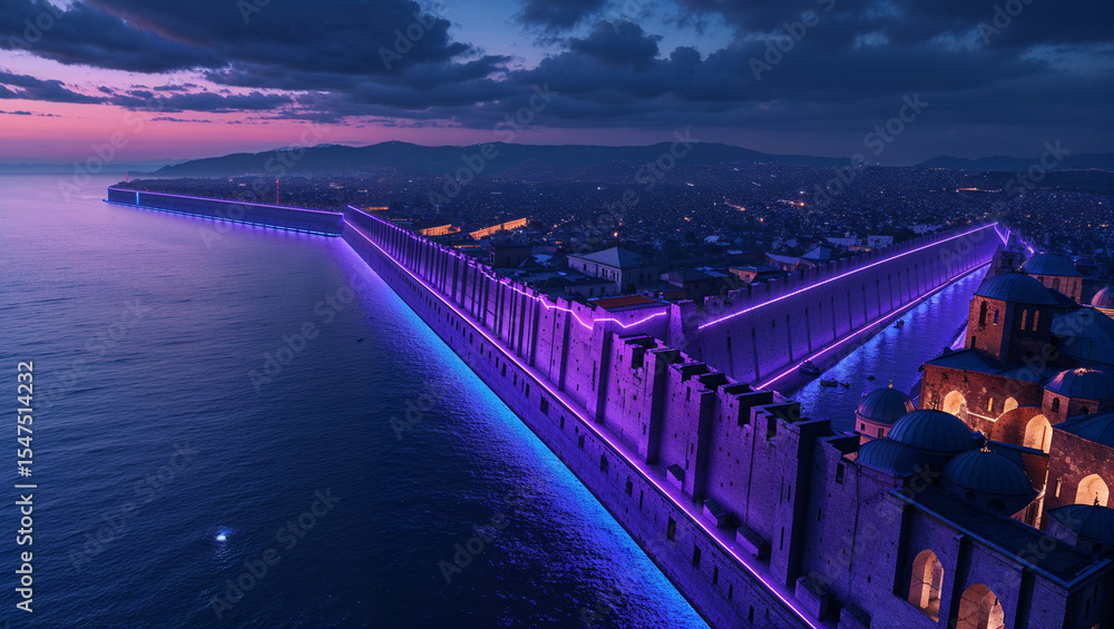 Obraz premium Illuminated city fortress illuminated by striking purple lights reflecting in the evening waters with buildings