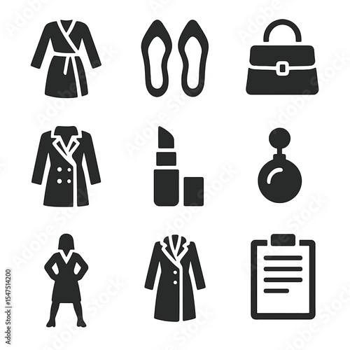 Women's Business Icon Set. Solid, filled icons set of business attire for women: wrap dress, pointed heels,