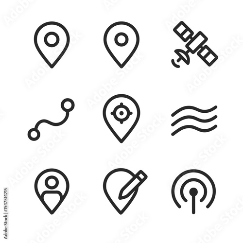 Map Icon Set. Outline icon set of crowd-sourced mapping: map pin, location marker, satellite view, route line, geotag, terrain