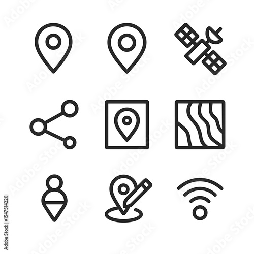 Map Icon Set. Outline icon set of crowd-sourced mapping: map pin, location marker, satellite view, route line, geotag, terrain