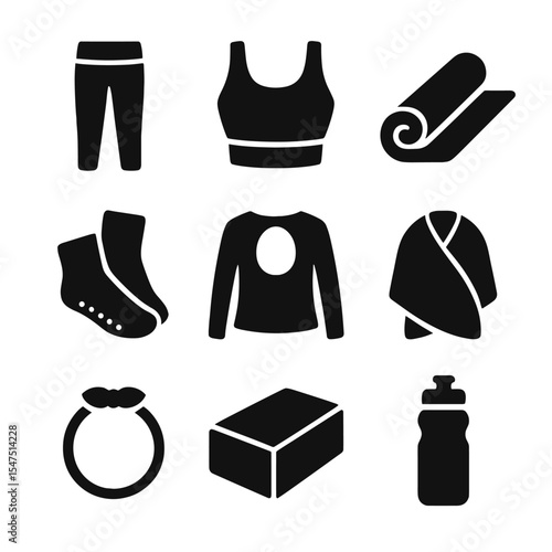 Yoga Apparel Icons. Solid, filled icons set of yoga and studio wear: yoga pants, sports crop top, stretch mat,