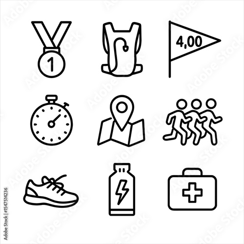 Marathon Icon Set. Outline icon set of endurance running goals: marathon medal, hydration pack, pace flag, timing clock, route map