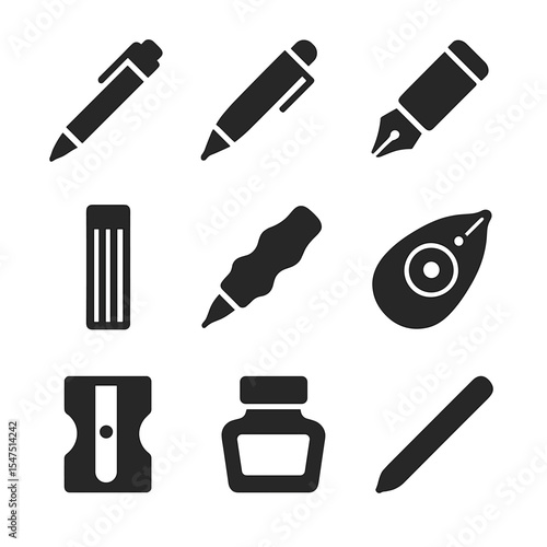 Writing Tools Icons. Solid, filled icons set of writing tools: mechanical pencil, ballpoint pen, fountain pen,