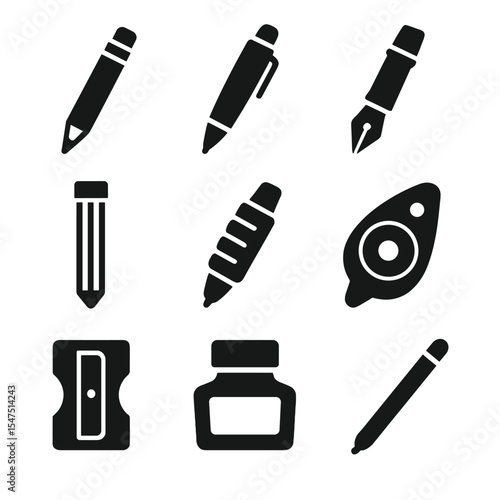Writing Tools Icons. Solid, filled icons set of writing tools: mechanical pencil, ballpoint pen, fountain pen,