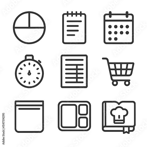 Meal Planning Icons. Outline icon set of meal planning elements: portion plate, shopping list notepad, calendar planner, cooking