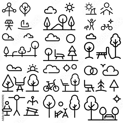 Collection of twenty four calendar icons with various symbols and designs in a linear style format
