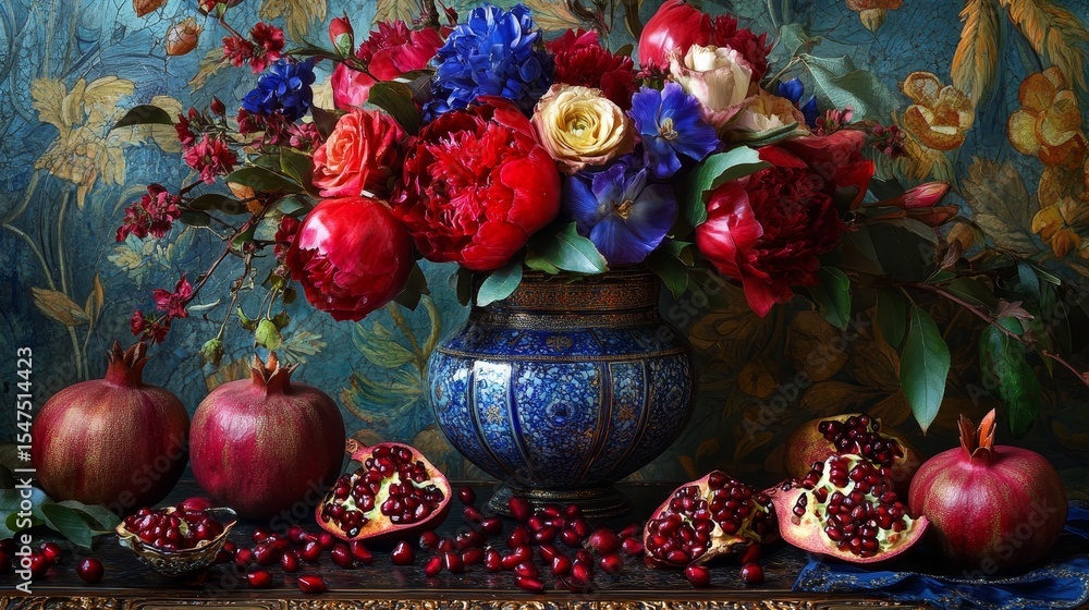 Naklejka premium Still life with pomegranates flowers and a blue vase against an ornate background.