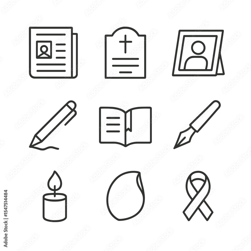 Memorial Icon Set. Outline icon set of obituary and memorial: newspaper obituary, memorial plaque, photo frame, signature pen, Memorial Icon Set. Outline icon set of obituary and memorial: newspaper obituary, memorial plaque, photo frame, signature pen,