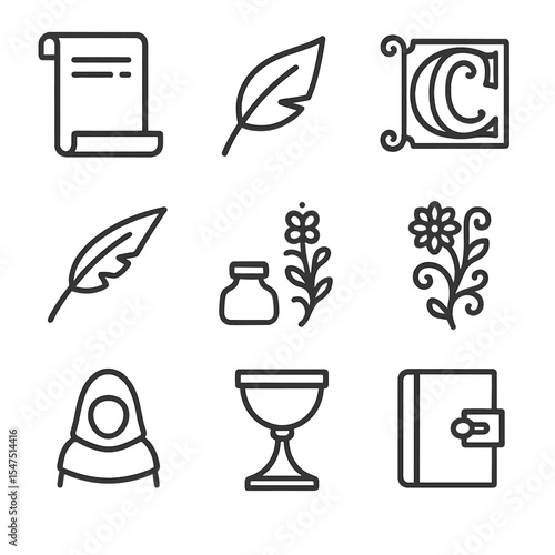 Medieval Icon Set. Outline icon set of medieval illuminated manuscript: vellum page, gold leaf, ornate initial, quill pen, inkpot,