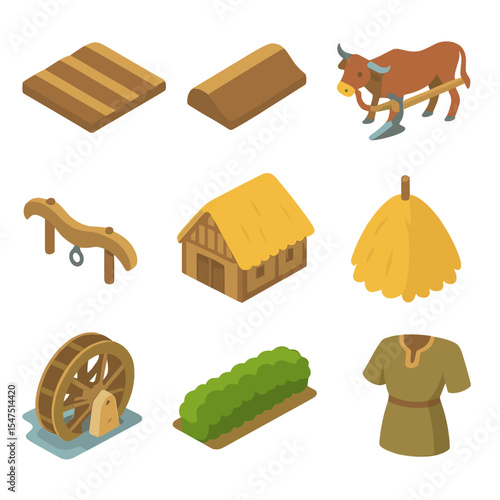 Medieval Farming Icons. Isometric Flat icon set of ridge and furrow medieval farming: ridge row, furrow trough, ox-drawn plow,