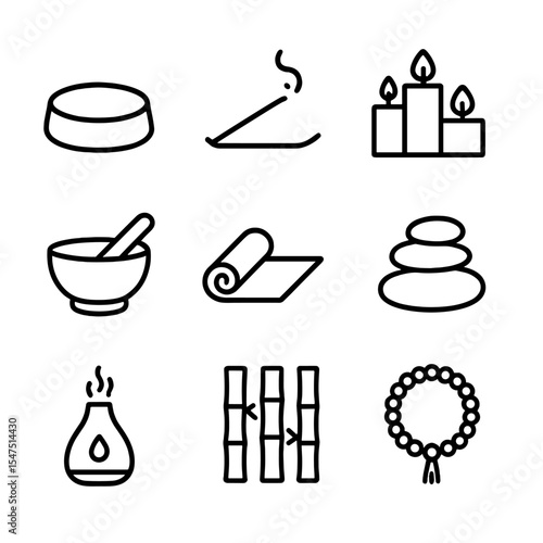 Meditation Icon Set. Outline icon set of meditation dens: meditation cushion, incense burner, candles, Tibetan bowl, yoga mat, zen